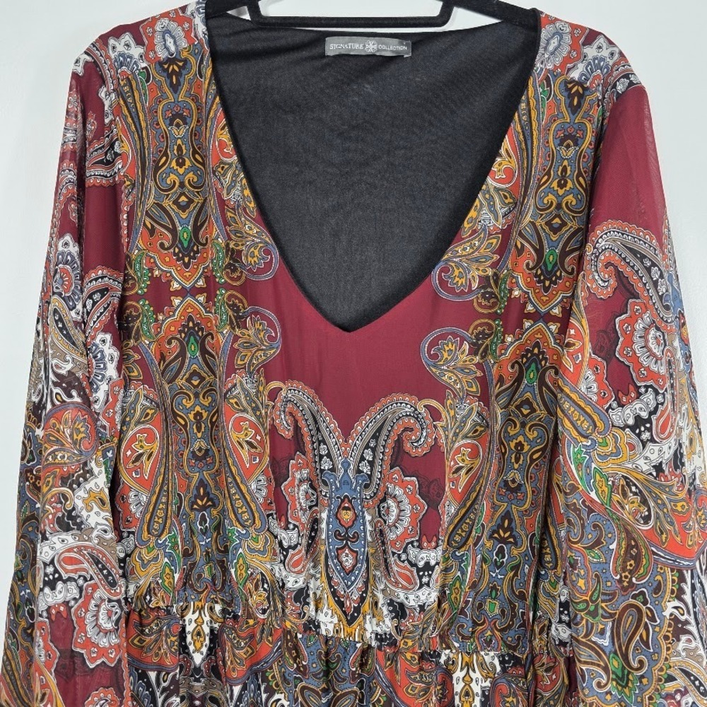 Signature Collection Women Burgundy Paisley Bell Sleeve Maxi Dress‎ Plus Size - Picture 3 of 5